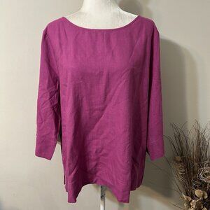 Soft Surroundings Women Linen Blend Bell Slits Sleeve Buttons Tunic Top Pink XL